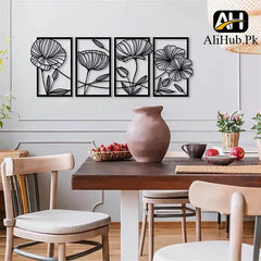 4 Pieces Poppy Flowers Leaves Wooden Wall Art