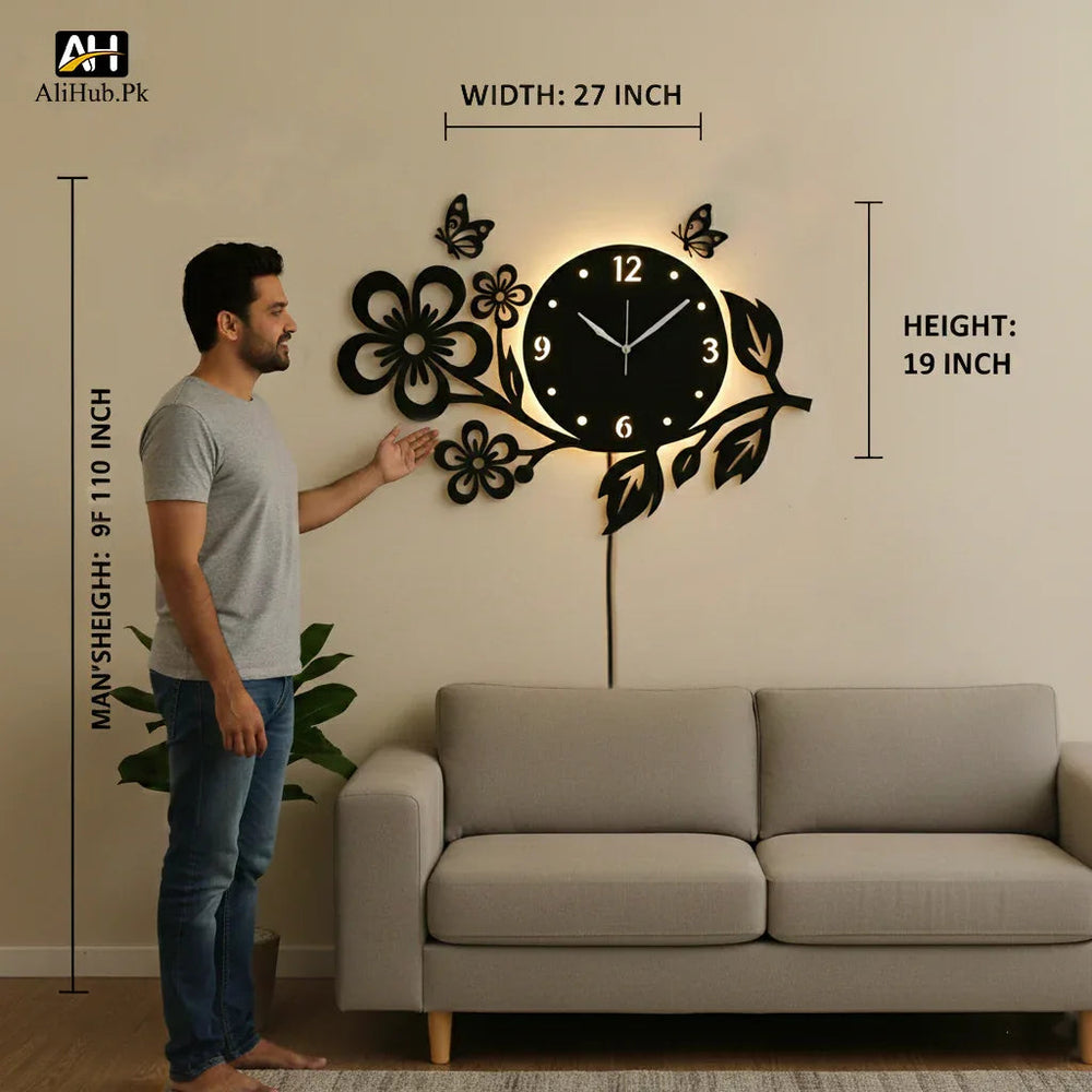 3D Butterflies And Flowers Wooden wall Clock - Alihub