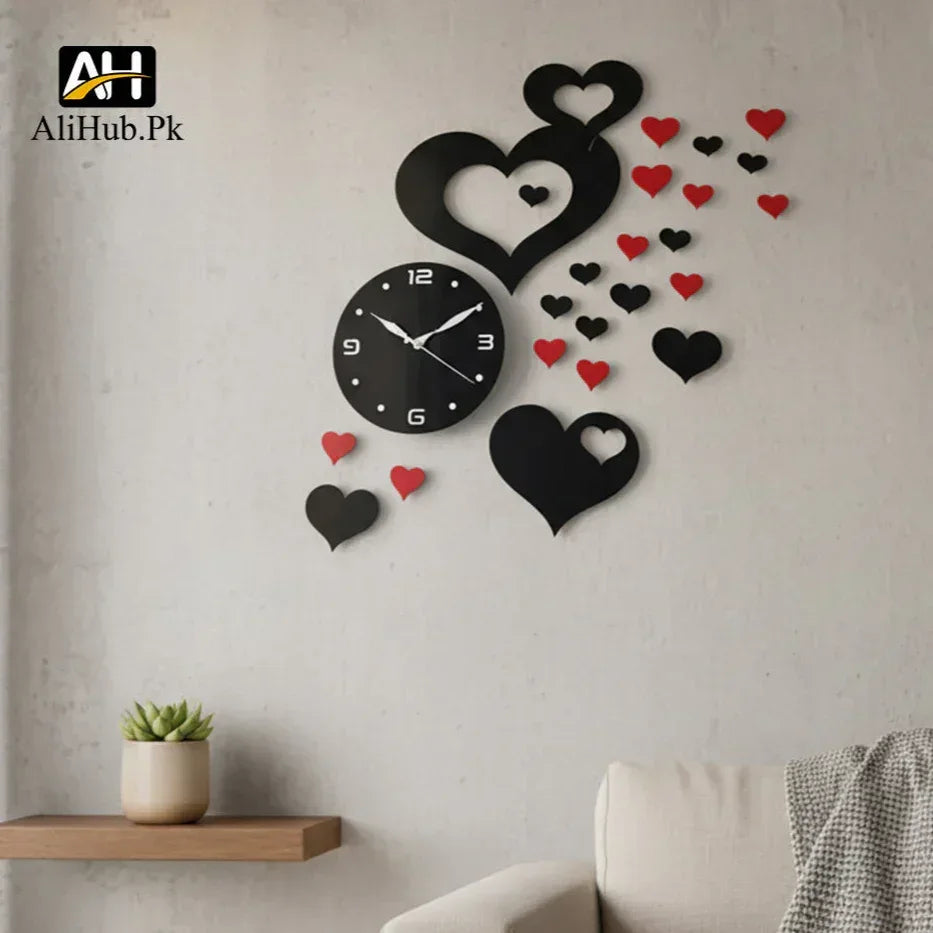 Heart shap Wall Clock Black & Red - Alihub