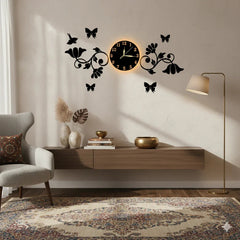3D Butterflies And Flowers With Birds Wooden wall Clock