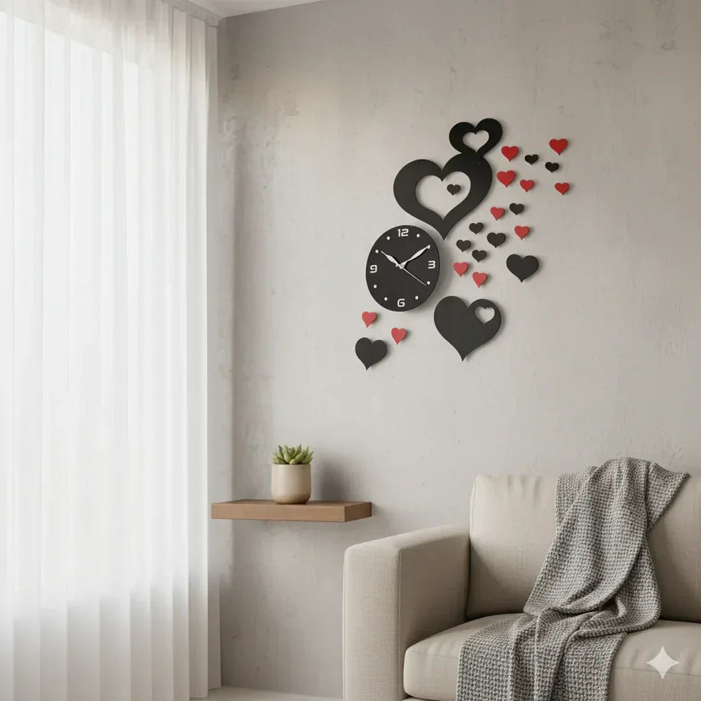 Heart shap Wall Clock Black & Red - Alihub