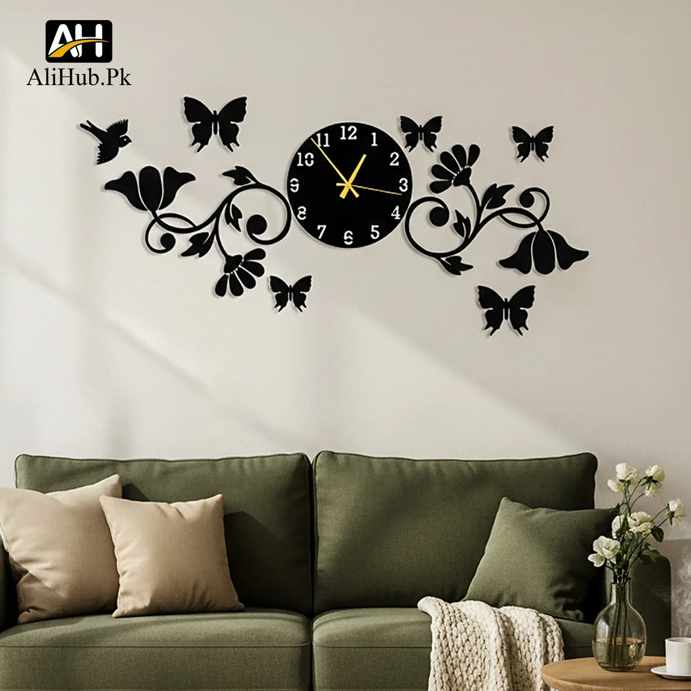 3D Butterflies And Flowers With Birds Wooden wall Clock - Alihub