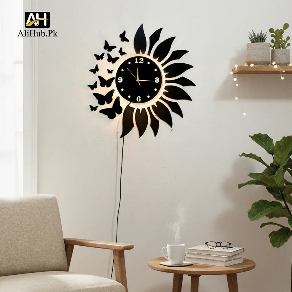 Sunflower & Butterfly Design Wall Clock With Light - Alihub