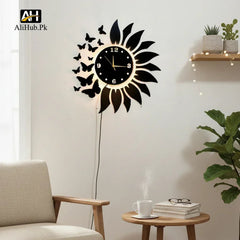 Sunflower & Butterfly Design Wall Clock With Light - Alihub