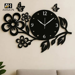 3D Butterflies And Flowers Wooden wall Clock - Alihub