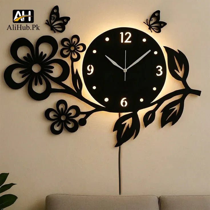 3D Butterflies And Flowers Wooden wall Clock - Alihub