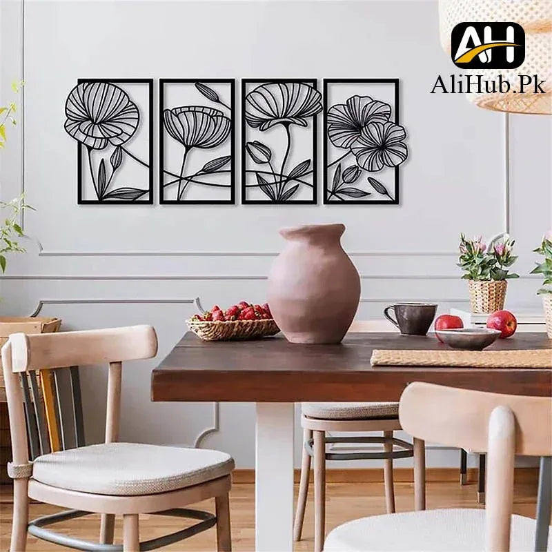 4 Pieces Poppy Flowers Leaves Wooden Wall Art