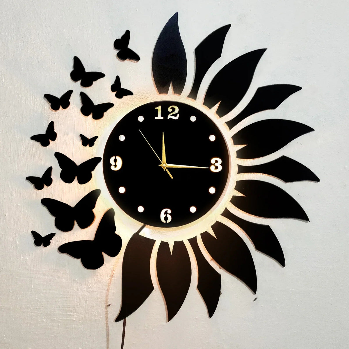 Sunflower & Butterfly Design Wall Clock With Light - Alihub