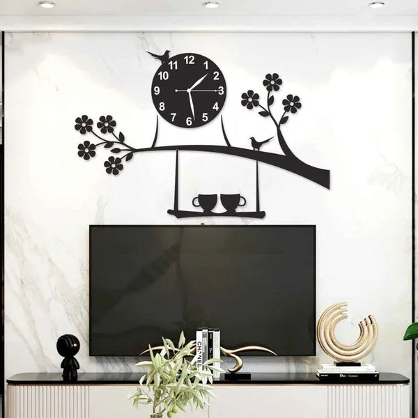 Tree Birds Coffee Cup On Jhula Design Wall Clock
