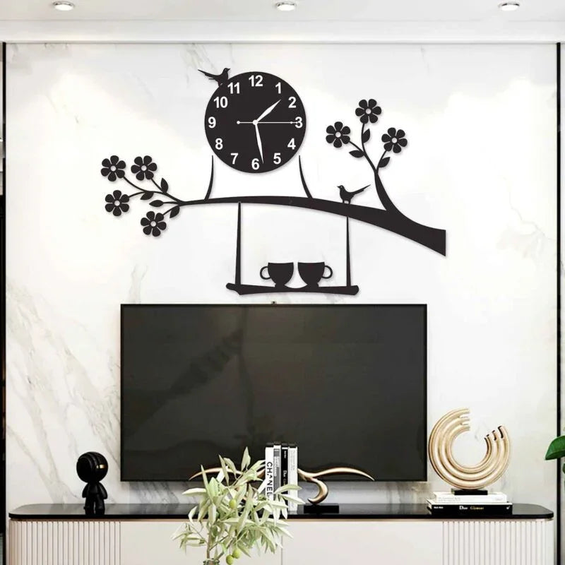 Tree Birds Coffee Cup On Jhula Design Wall Clock