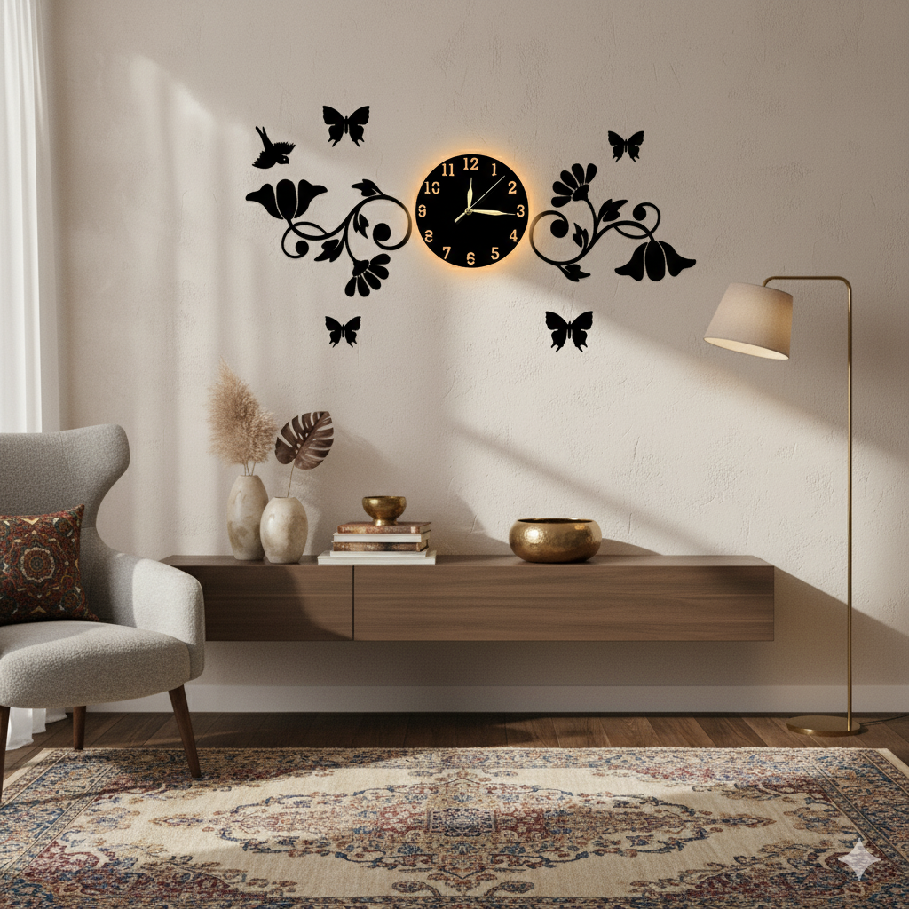 3D Butterflies And Flowers With Birds Wooden wall Clock