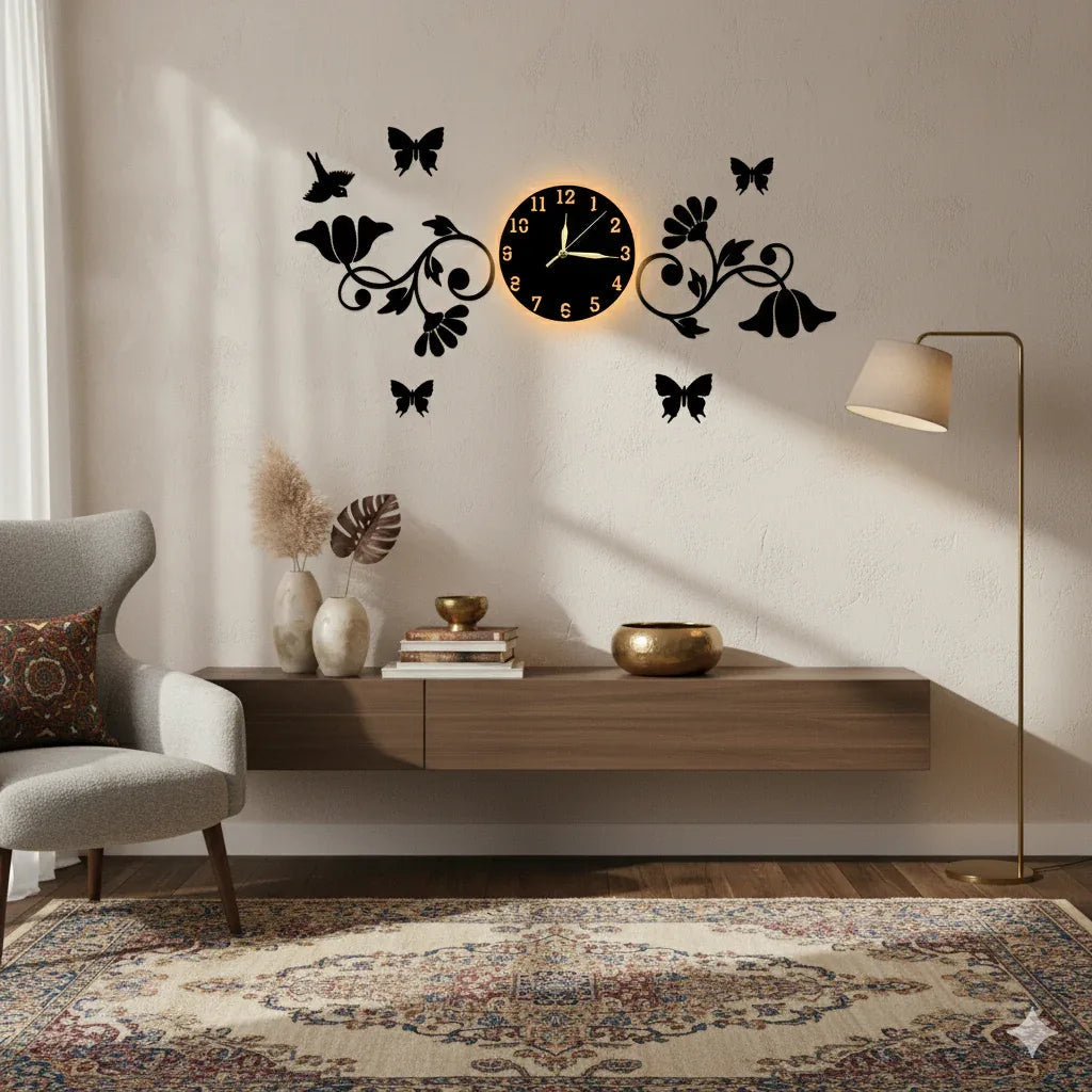 3D Butterflies And Flowers With Birds Wooden wall Clock