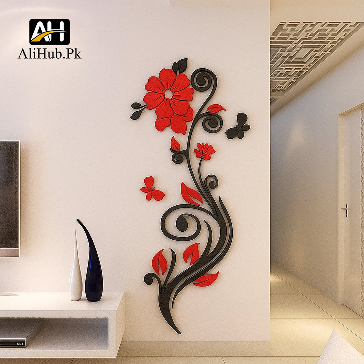 Red Flower Vase Wooden Wall Art