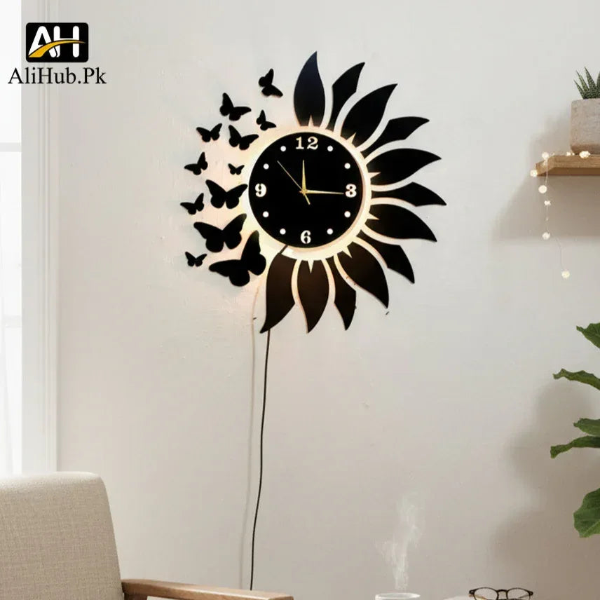 Sunflower & Butterfly Design Wall Clock With Light - Alihub