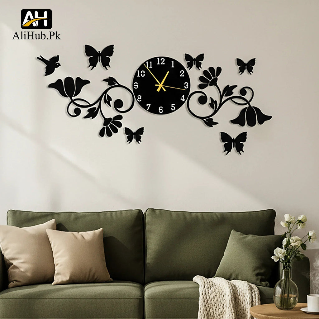 3D Butterflies And Flowers With Birds Wooden wall Clock