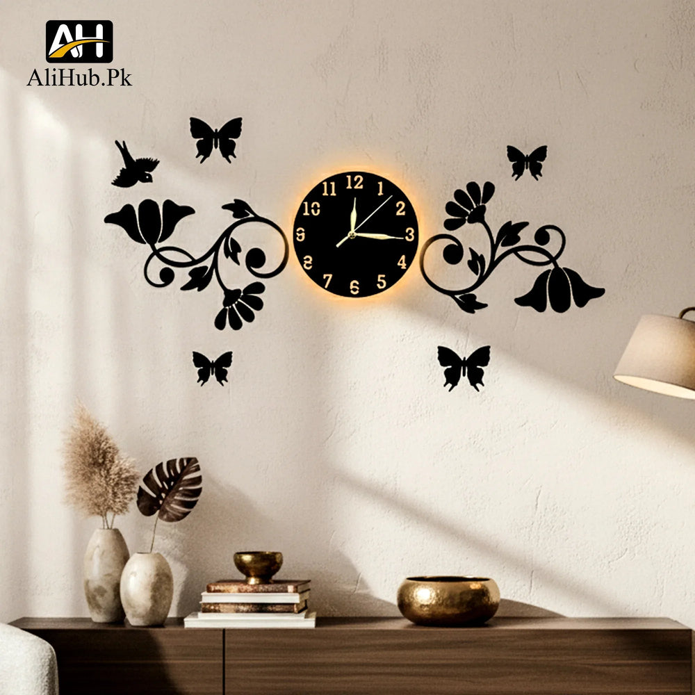 3D Butterflies And Flowers With Birds Wooden wall Clock - Alihub