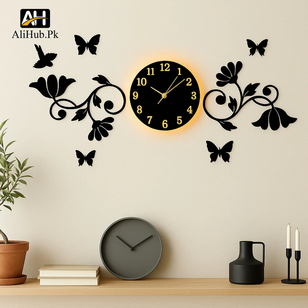 3D Butterflies And Flowers With Birds Wooden wall Clock - Alihub