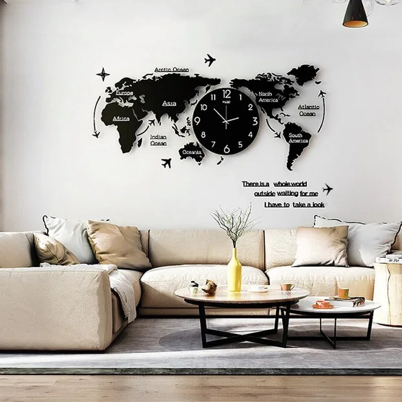 Large World Map DIY Wooden Wall Clock Quartz Watch