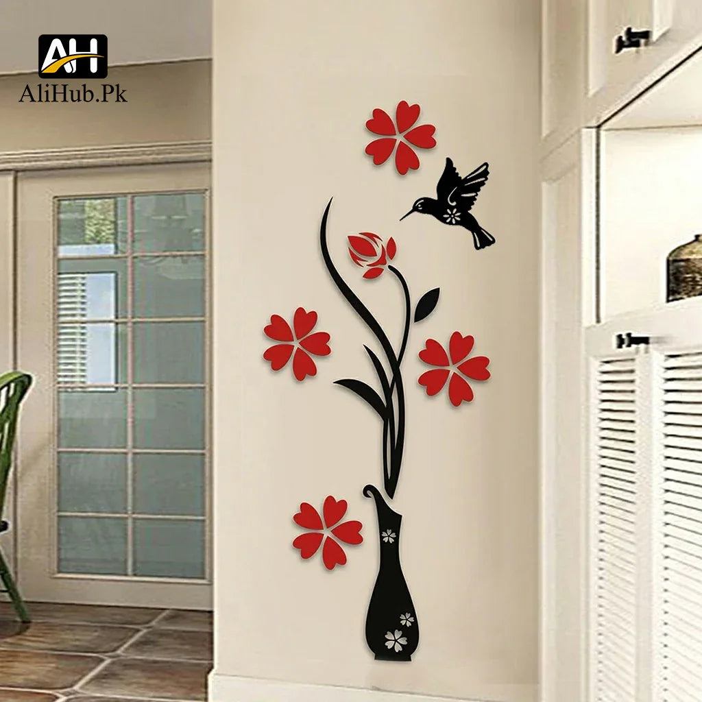 Flower Wooden Vase Wall Decore Red and black