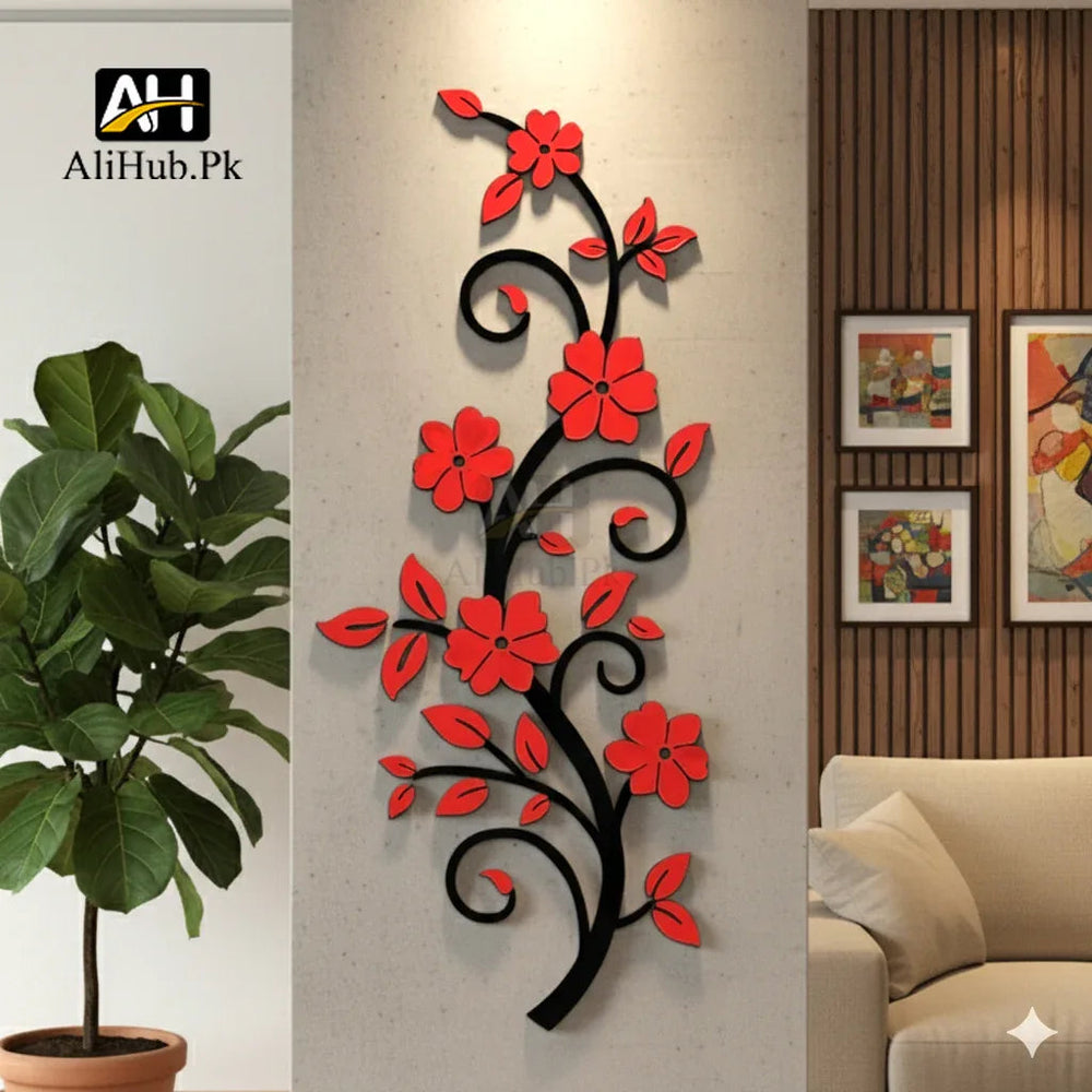 Creative Red Flower Vase Wooden Wall Art - Alihub